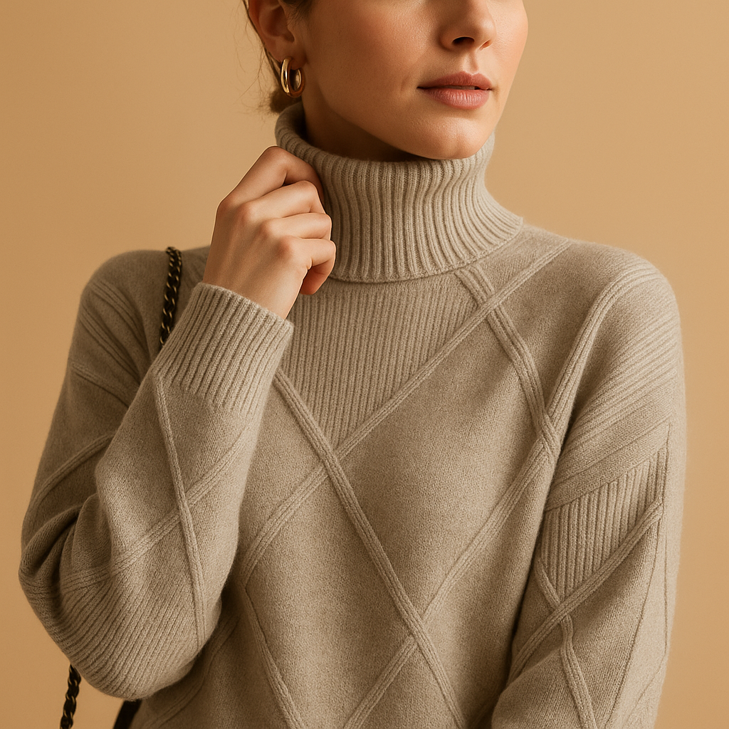Women’s knitted turtleneck sweater with modern silhouette, standard European fit, and breathable fabric. Perfect for layering in every season.