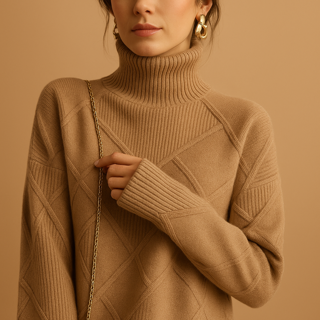 Women’s knitted turtleneck sweater with modern silhouette, standard European fit, and breathable fabric. Perfect for layering in every season.
