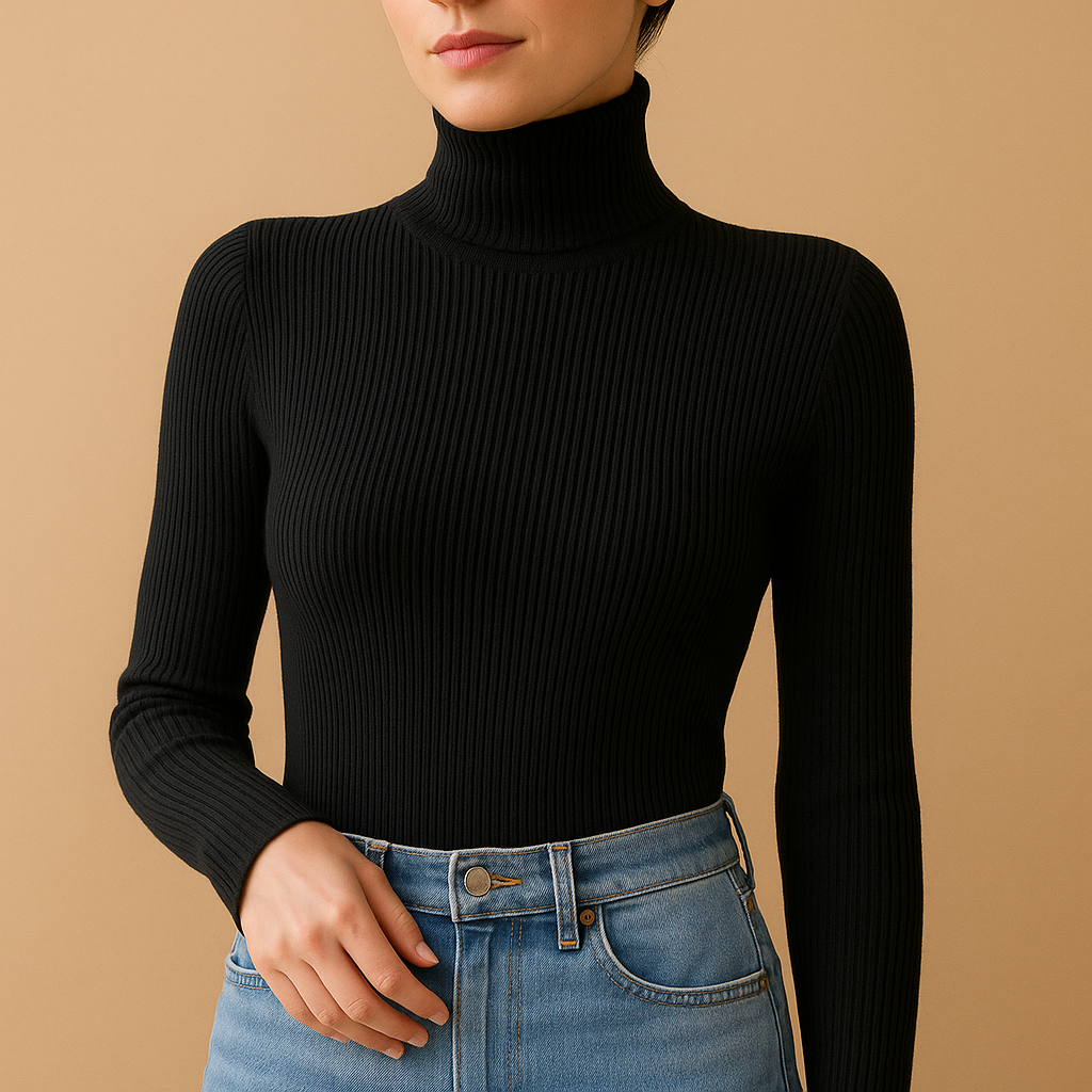 Knitted turtleneck sweater for women in soft yarn, classic design with fold-over collar, perfect for autumn, winter, and versatile everyday styling.