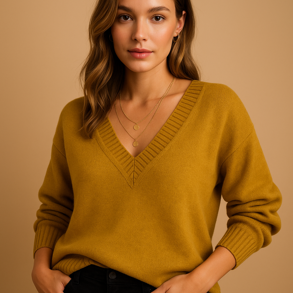 Women’s knitted V-neck sweater with relaxed fit, classic knit texture, and soft stretchy fabric. Ideal for casual wear or office layering.