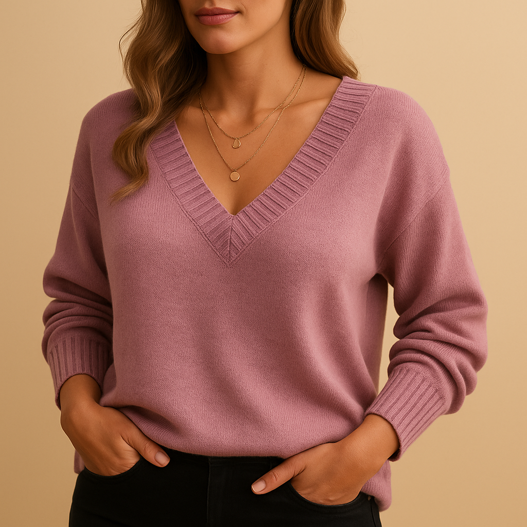 Women’s knitted V-neck sweater with relaxed fit, classic knit texture, and soft stretchy fabric. Ideal for casual wear or office layering.
