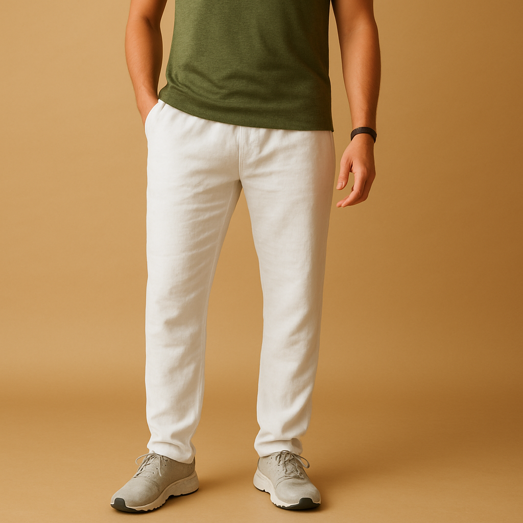 Men’s lightweight casual pants in breathable fabric with a relaxed fit, ideal for warm days, beach outings, or stylish casual wear.