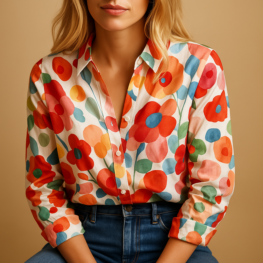Women’s lightweight floral blouse in red with breathable fabric and flattering fit, perfect for spring and casual wear.