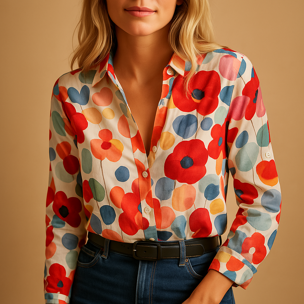 Women’s lightweight floral blouse in red with breathable fabric and flattering fit, perfect for spring and casual wear.