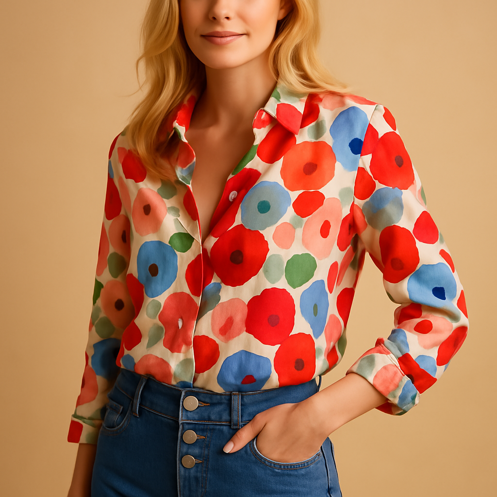 Women’s lightweight floral blouse in red with breathable fabric and flattering fit, perfect for spring and casual wear.