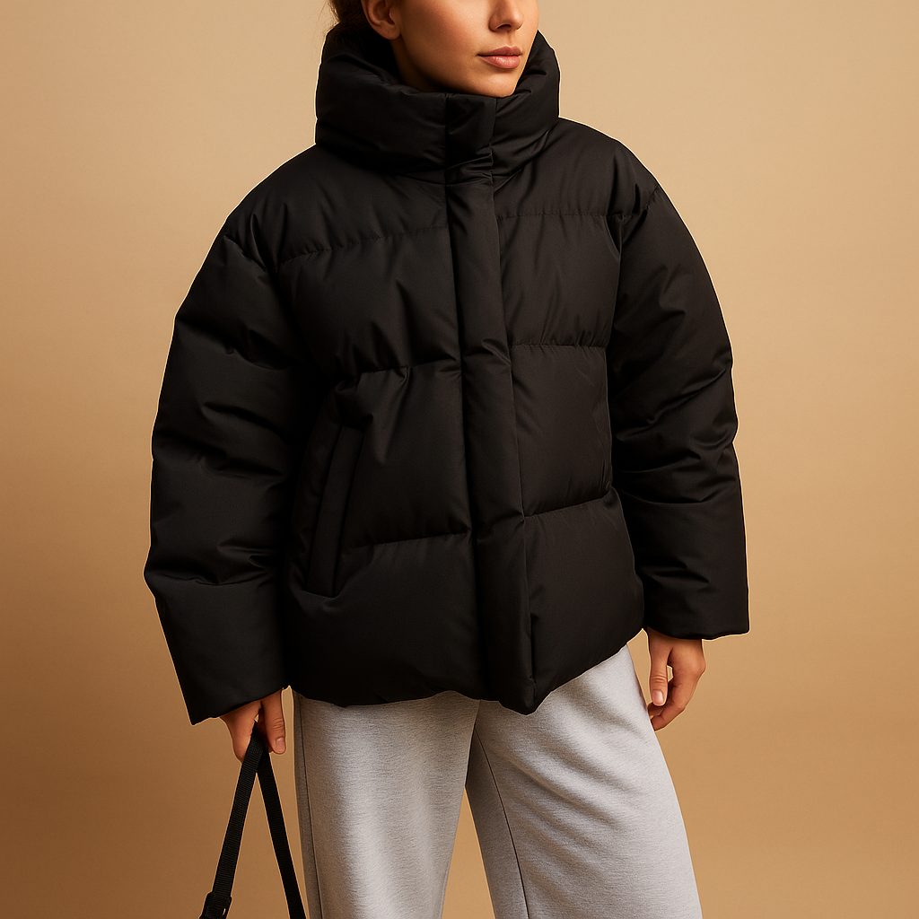 Lightweight padded winter coat with hood for women, featuring water-repellent finish, zipper closure, and flattering bomber-style fit.