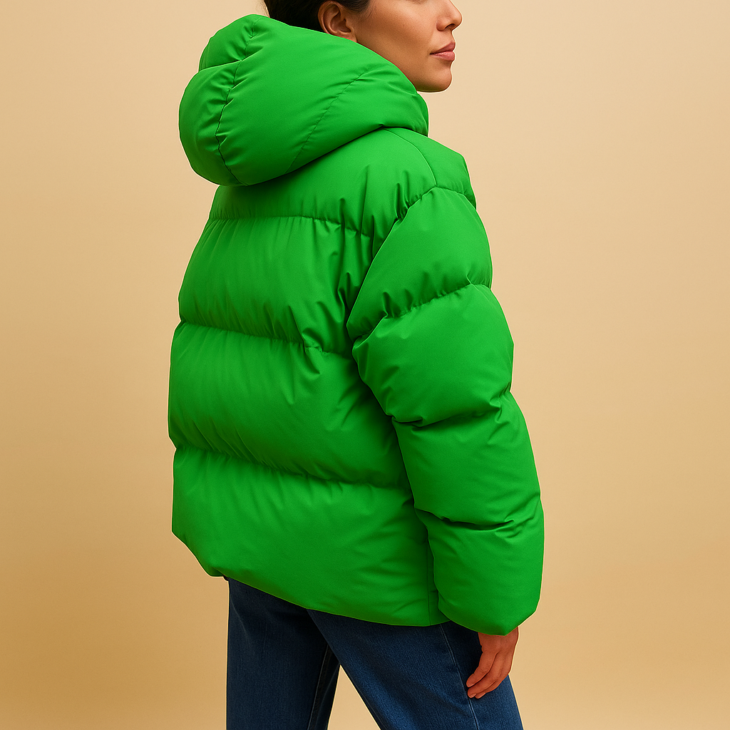 Lightweight padded winter coat with hood for women, featuring water-repellent finish, zipper closure, and flattering bomber-style fit.