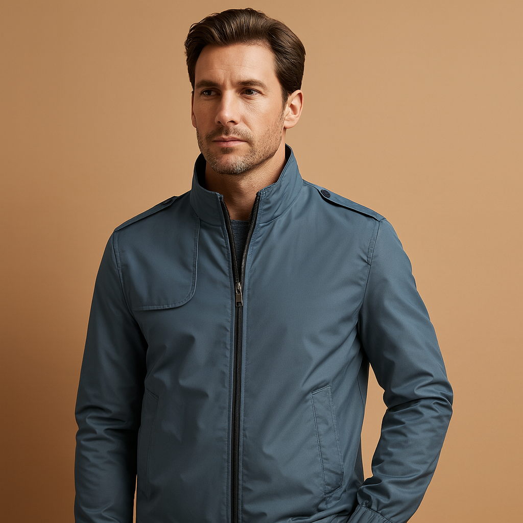 Men’s lightweight summer jacket with stand-up collar and modern design, featuring practical pockets for casual or formal occasions.