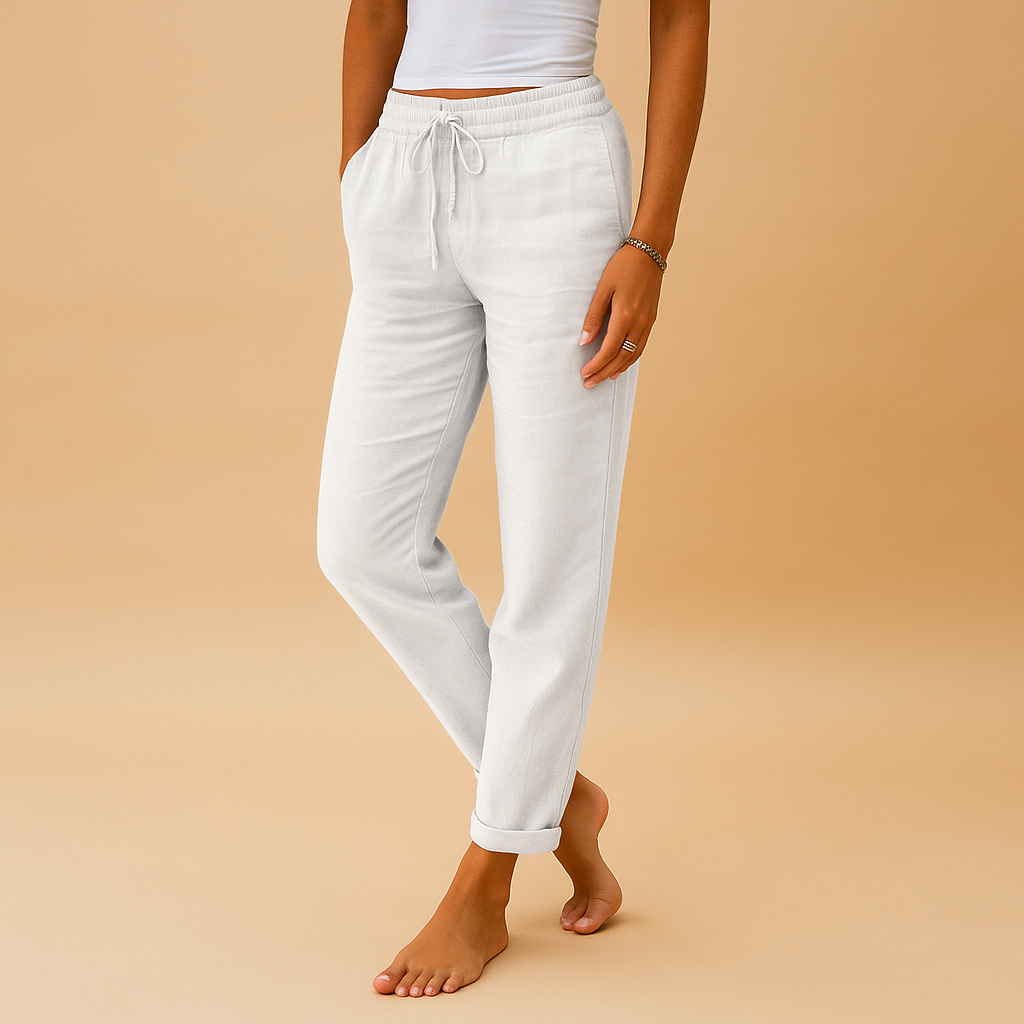 Women’s lightweight trousers with elastic waistband and feminine cut, designed with flowy fabric for both casual wear and formal occasions.