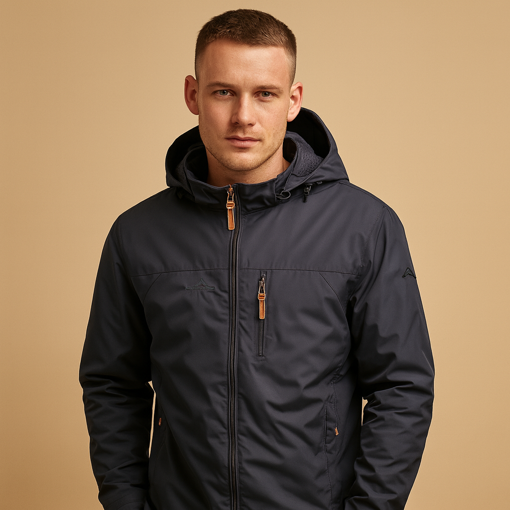 Men’s lightweight waterproof rain jacket with adjustable hood, breathable design, and modern style, perfect for outdoor activities and daily wear.