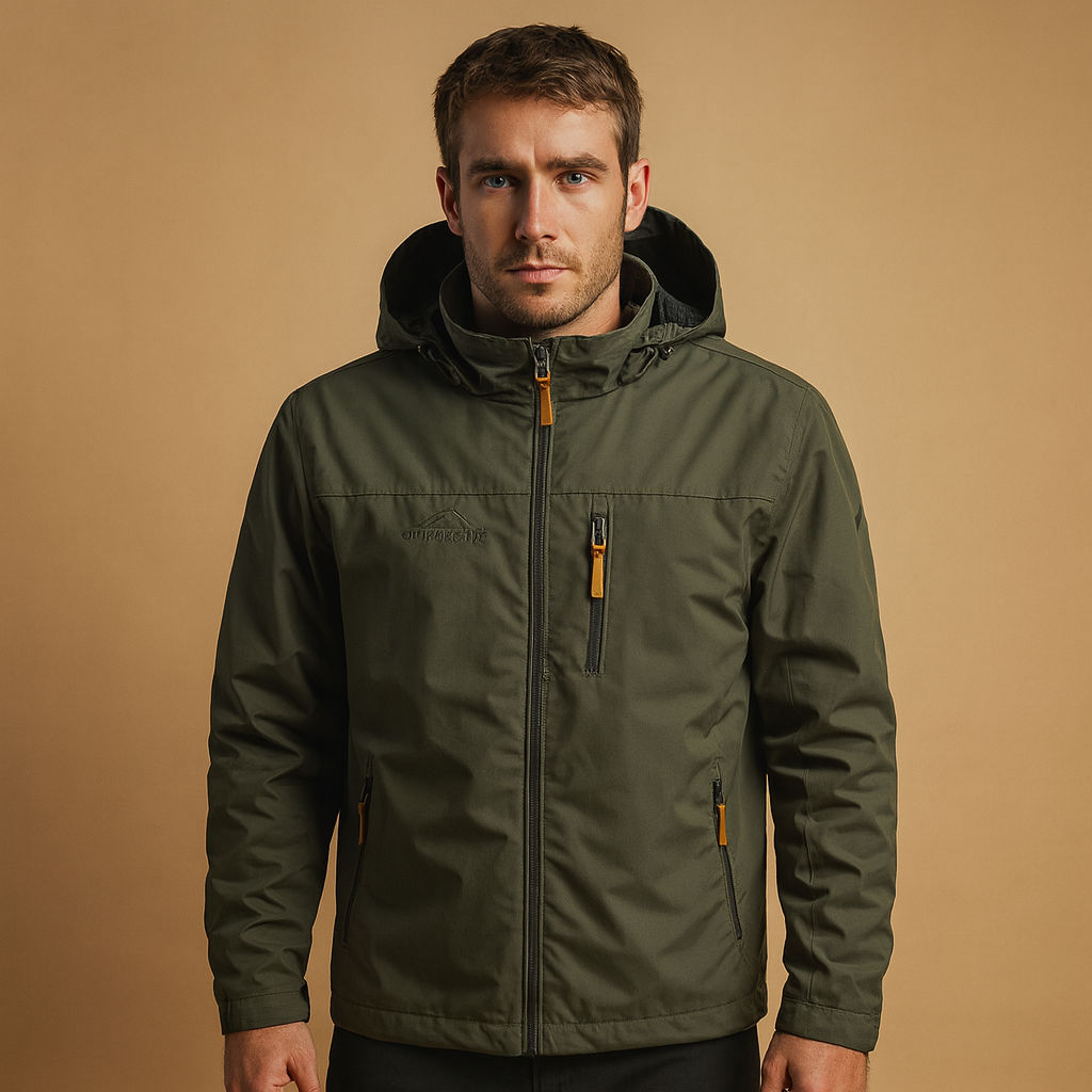 Men’s lightweight waterproof rain jacket with adjustable hood, breathable design, and modern style, perfect for outdoor activities and daily wear.