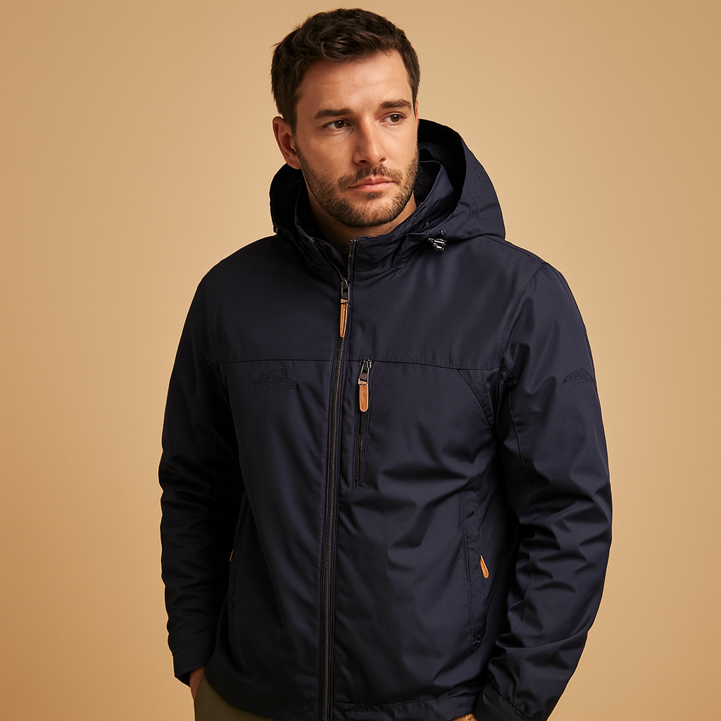 Men’s lightweight waterproof rain jacket with adjustable hood, breathable design, and modern style, perfect for outdoor activities and daily wear.