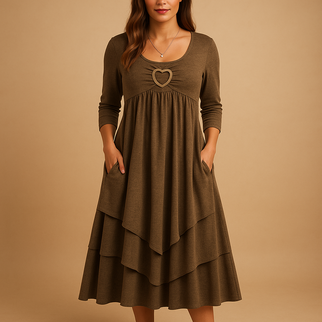 Long A-line dress for women with long sleeves, O-neckline, and pockets, perfect for daily wear, work, and elegant occasions.