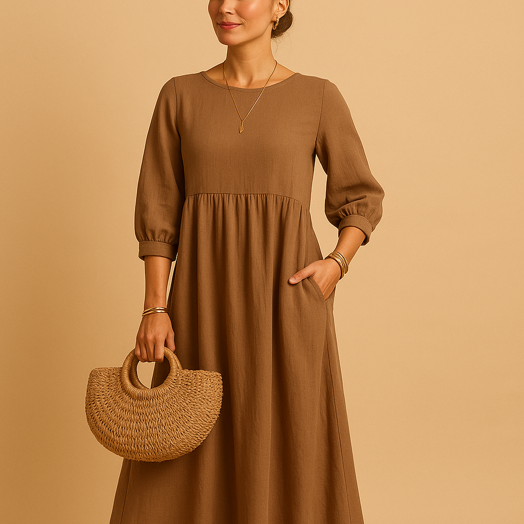 Long casual dress for women with round neckline and relaxed fit, perfect for spring, summer, and autumn everyday wear.