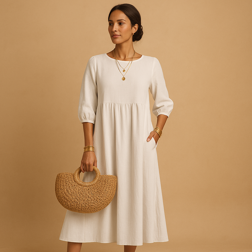 Long casual dress for women with round neckline and relaxed fit, perfect for spring, summer, and autumn everyday wear.