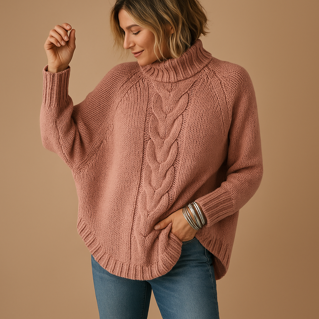 Long chunky knitted women’s sweater with relaxed fit, thick soft fabric, and rich texture, perfect for winter layering and cozy outfits.