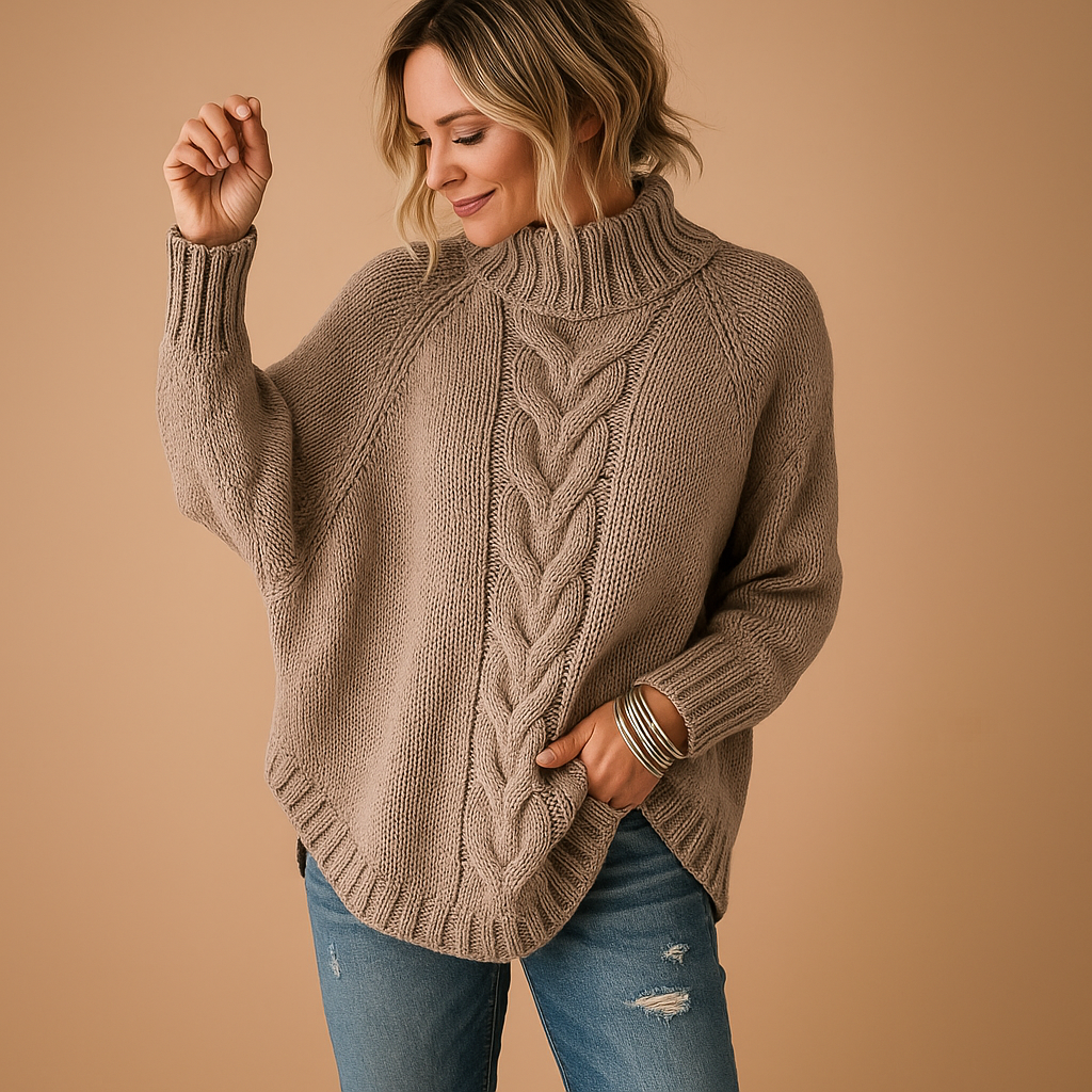 Long chunky knitted women’s sweater with relaxed fit, thick soft fabric, and rich texture, perfect for winter layering and cozy outfits.