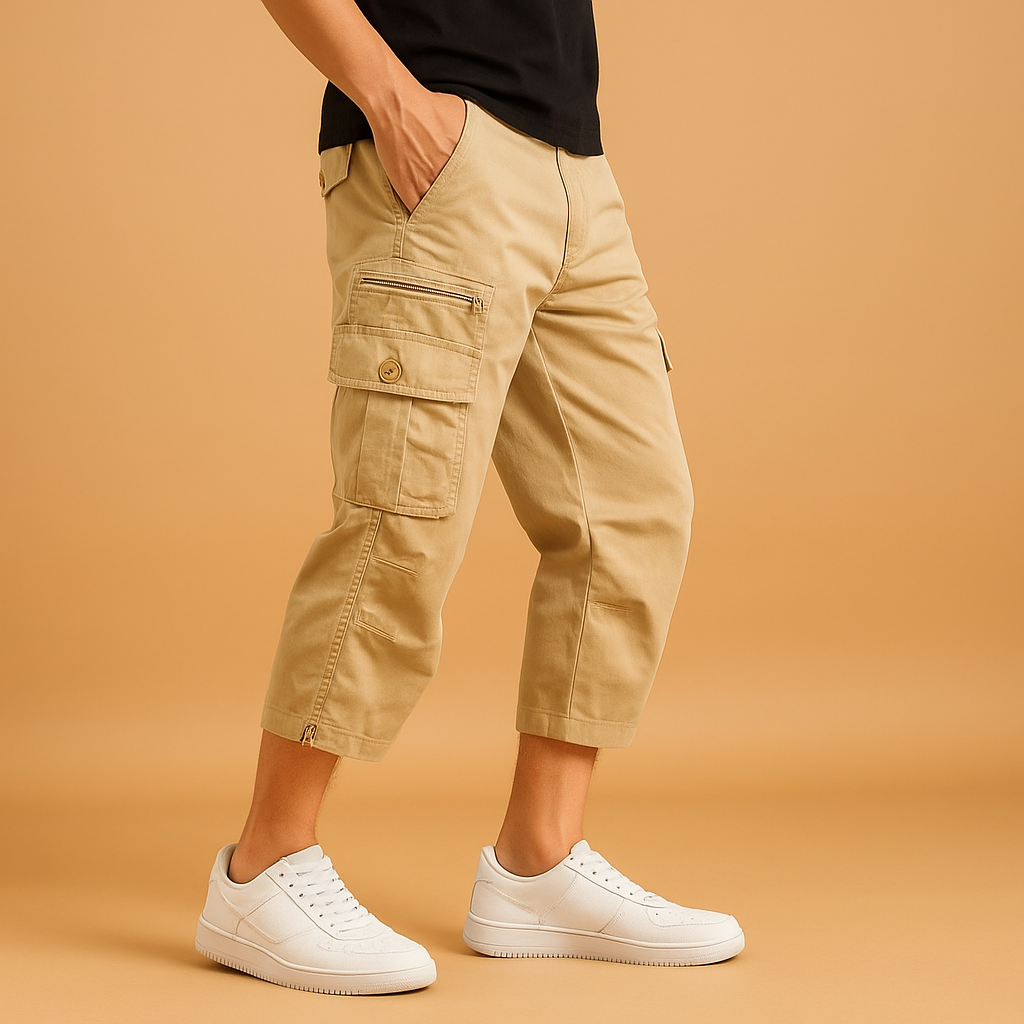 Men’s long cotton cargo shorts with a relaxed fit and multiple pockets, ideal for travel, outdoor activities, and casual summer outfits.