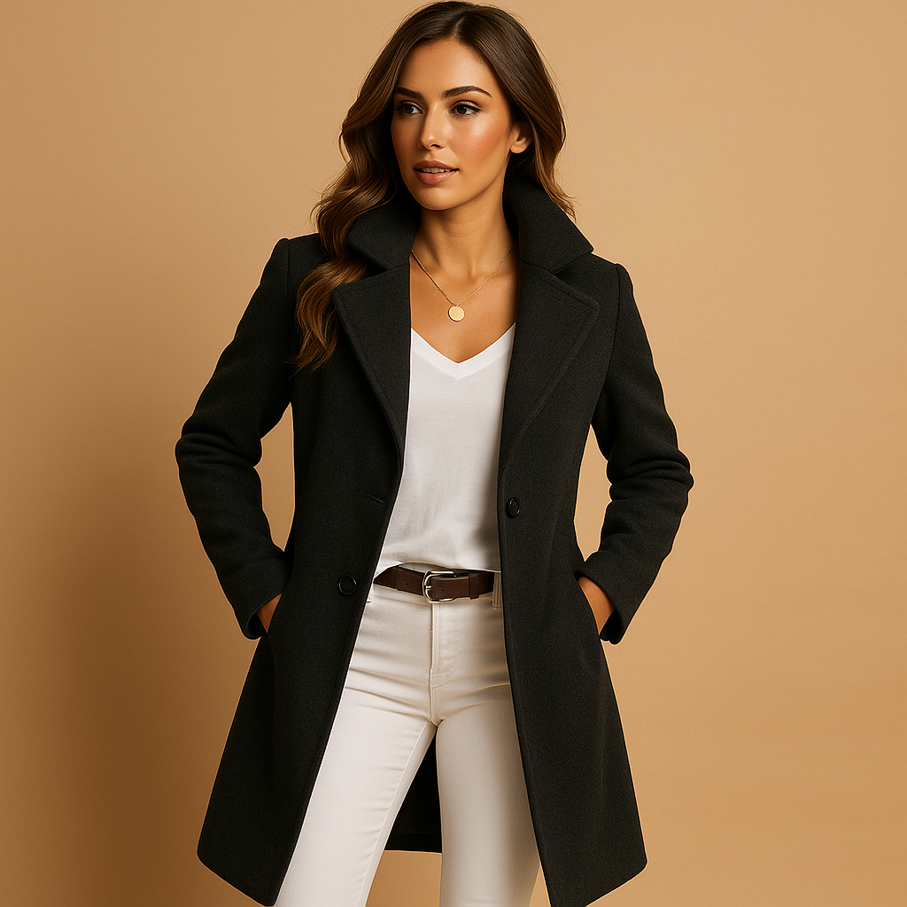 Women’s long elegant coat with buttons, classic collar, and tailored fit. Perfect for formal occasions and everyday wear.