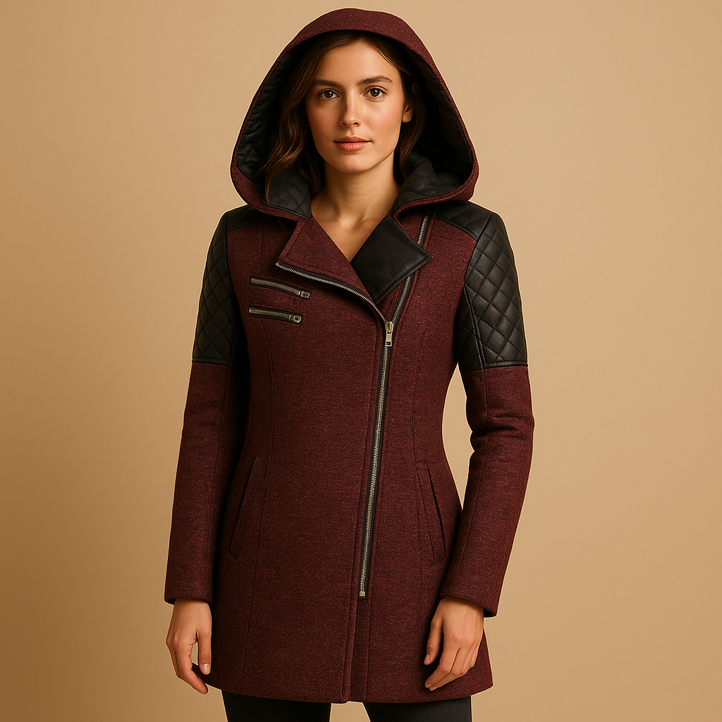 Long insulated winter coat for women with hood and modern fit, designed for warmth and elegant winter styling.