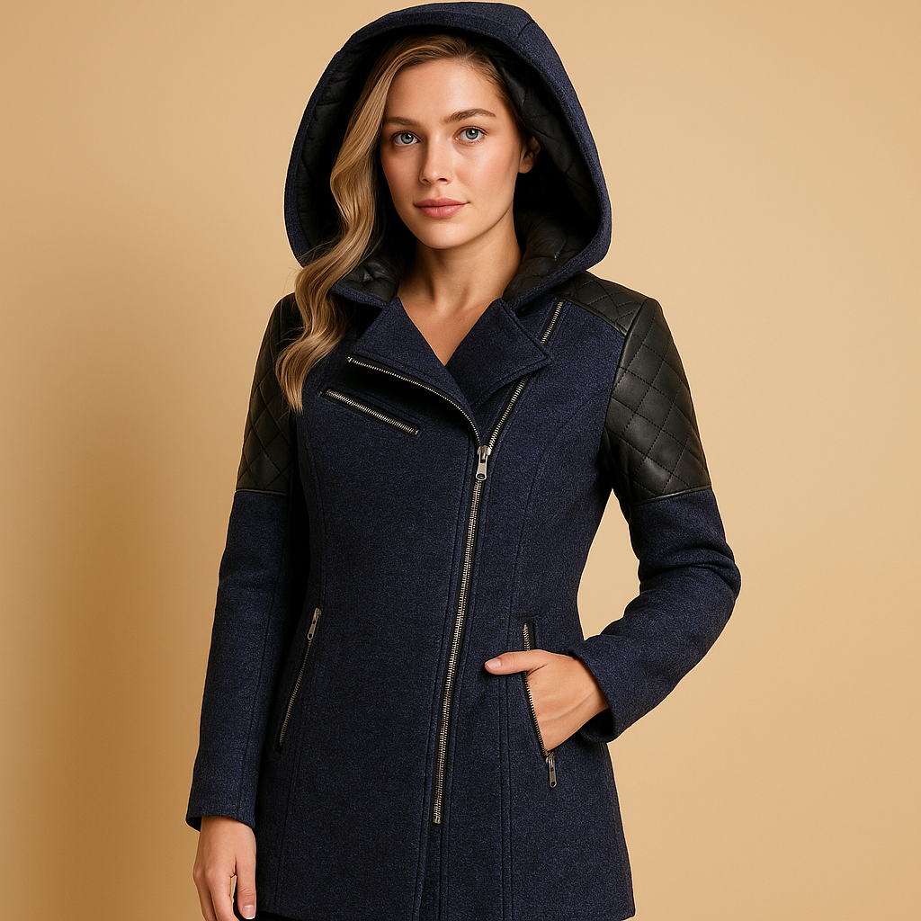 Long insulated winter coat for women with hood and modern fit, designed for warmth and elegant winter styling.