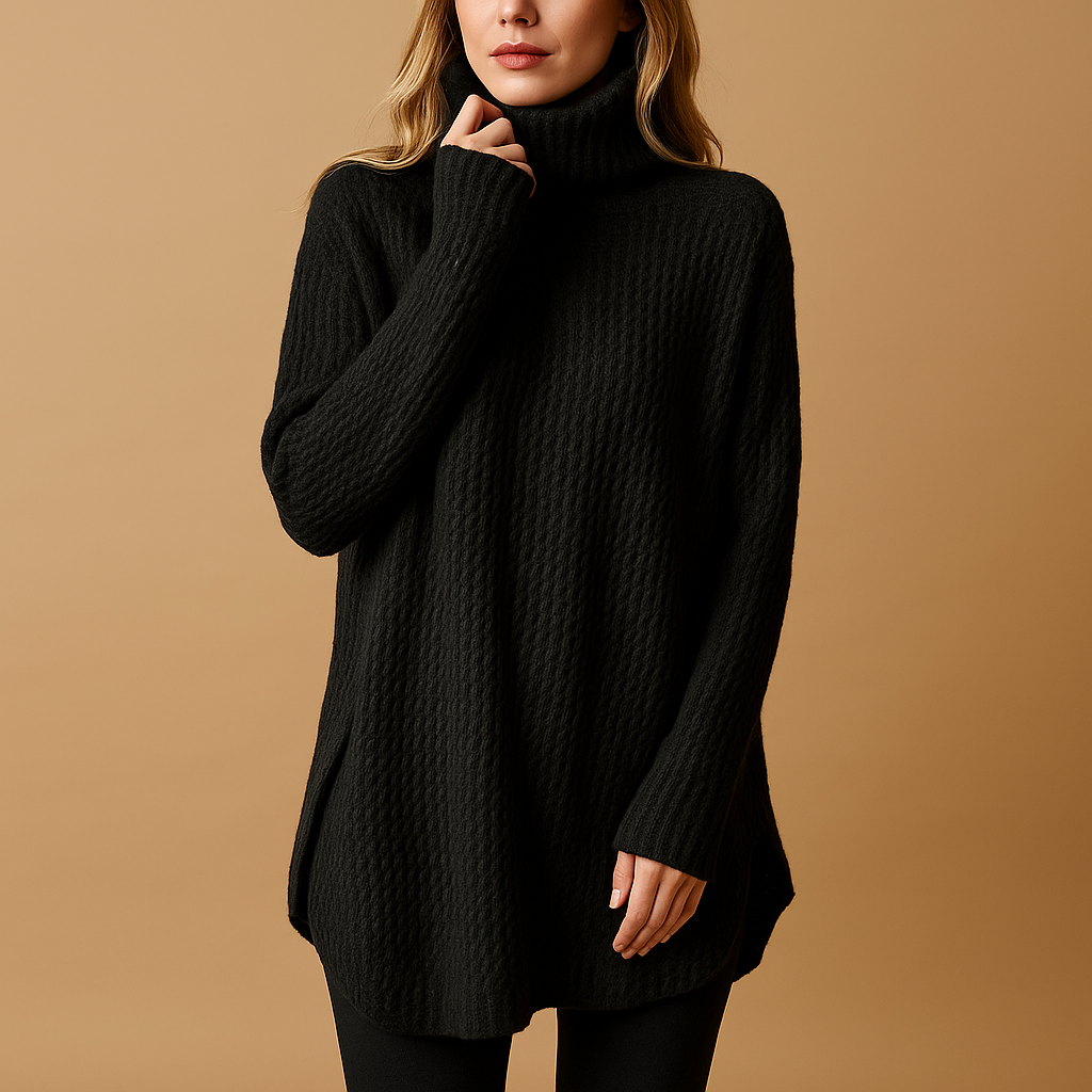 Long printed women’s sweater with classic neckline and comfortable fit, perfect for cozy days and stylish winter outfits.