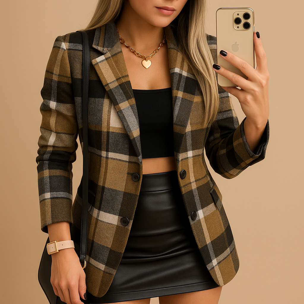 Long quilted plaid blazer for women with button closure and warm lining, ideal for winter, daily wear, and formal occasions.