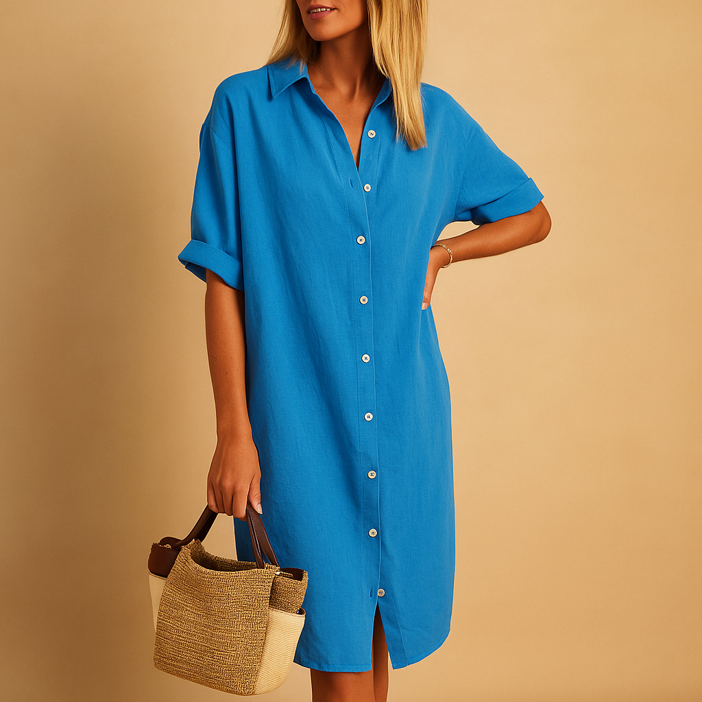 Women’s long shirt dress with short sleeves, available in black, green, blue, and red. Lightweight, versatile, and perfect for summer occasions.