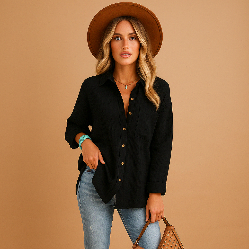 Long sleeve polo shirt for women with button collar and relaxed fit, perfect for work, leisure, or everyday wear.