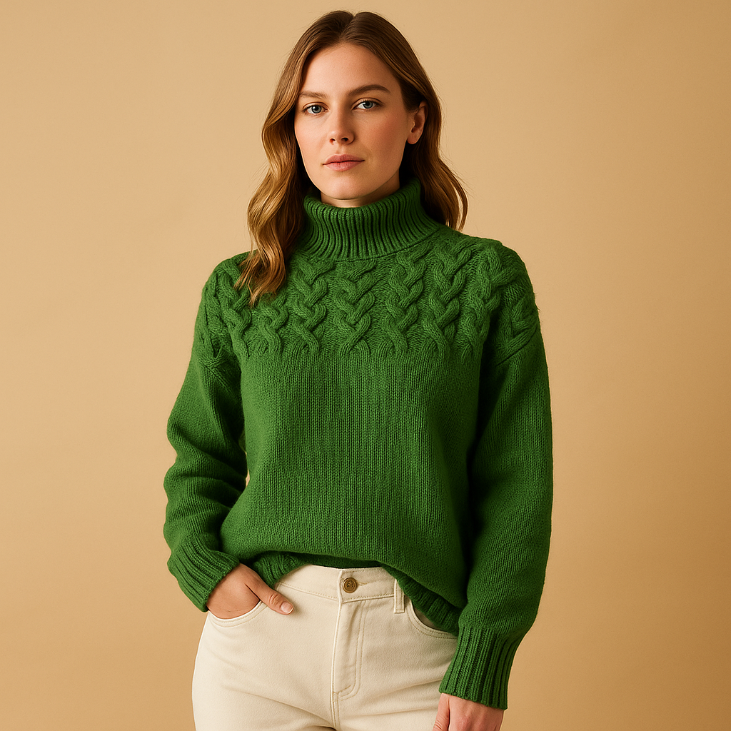 Women’s long turtleneck sweater with flattering fit, available in pink, green, and blue. Perfect for winter warmth, casual wear, or elegant styling.