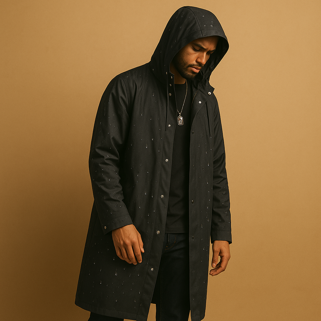 Men’s long waterproof rain jacket in black EVA material, perfect for hiking, camping, and outdoor activities in rainy weather.