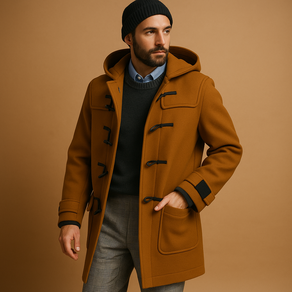 Men’s long winter coat with insulated design and elegant cut, perfect for cold days, work, and everyday wear.