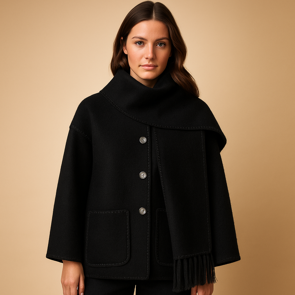 Women’s long winter coat with tailored fit, belt and removable scarf, offering warmth and elegant style for cold-weather outfits.