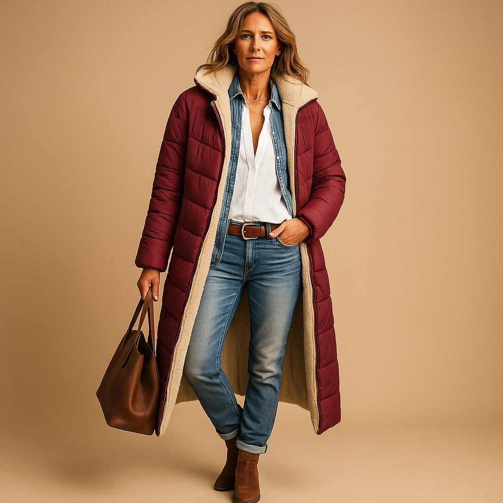 Women’s long winter coat with full-length design and high-quality insulation, available in black, beige, and navy blue for elegant cold-weather wear.