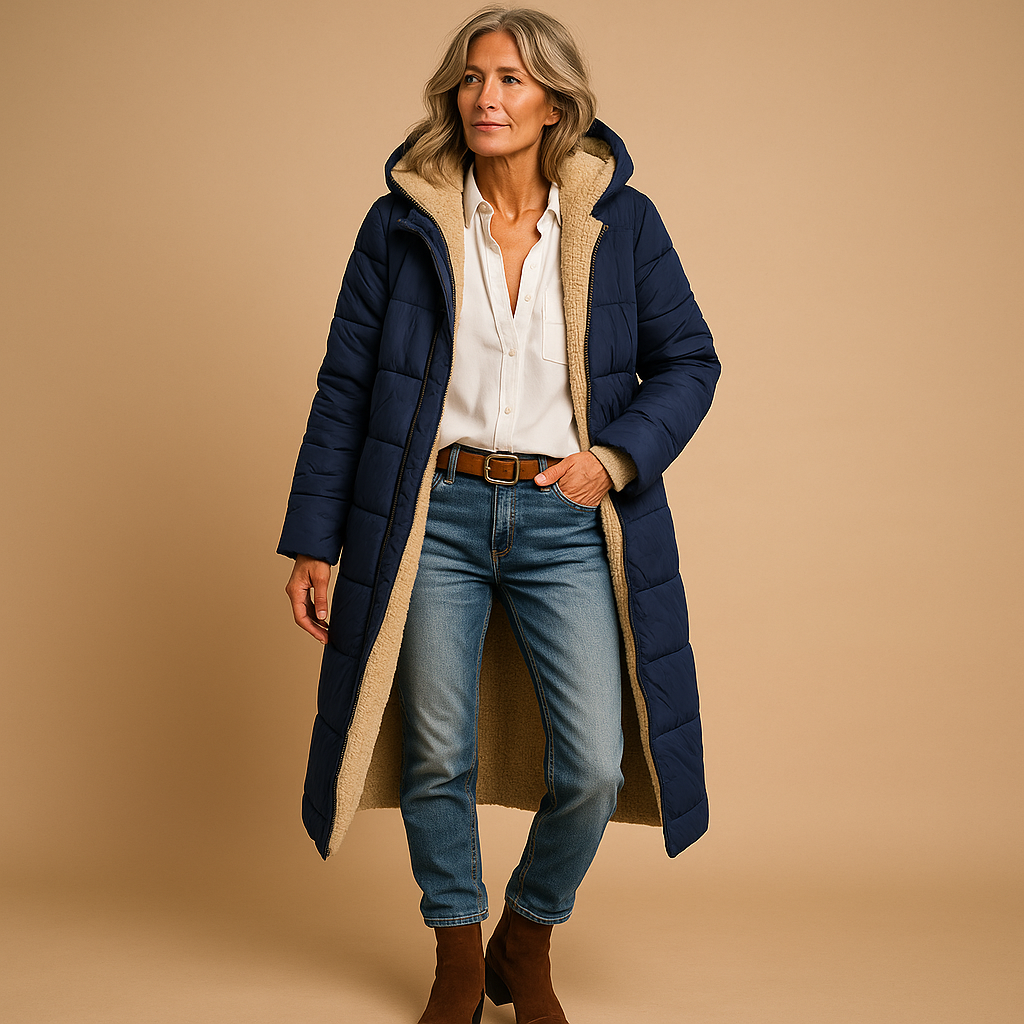 Women’s long winter coat with full-length design and high-quality insulation, available in black, beige, and navy blue for elegant cold-weather wear.