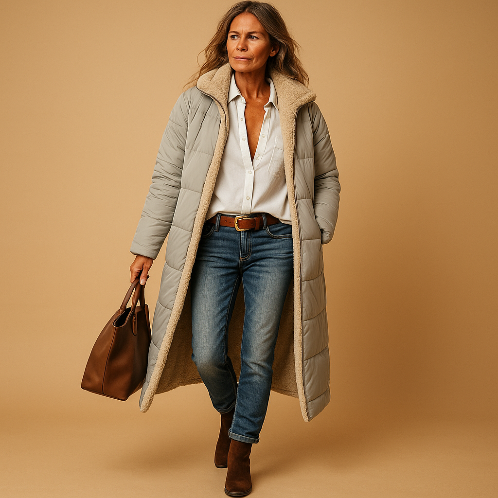 Women’s long winter coat with full-length design and high-quality insulation, available in black, beige, and navy blue for elegant cold-weather wear.