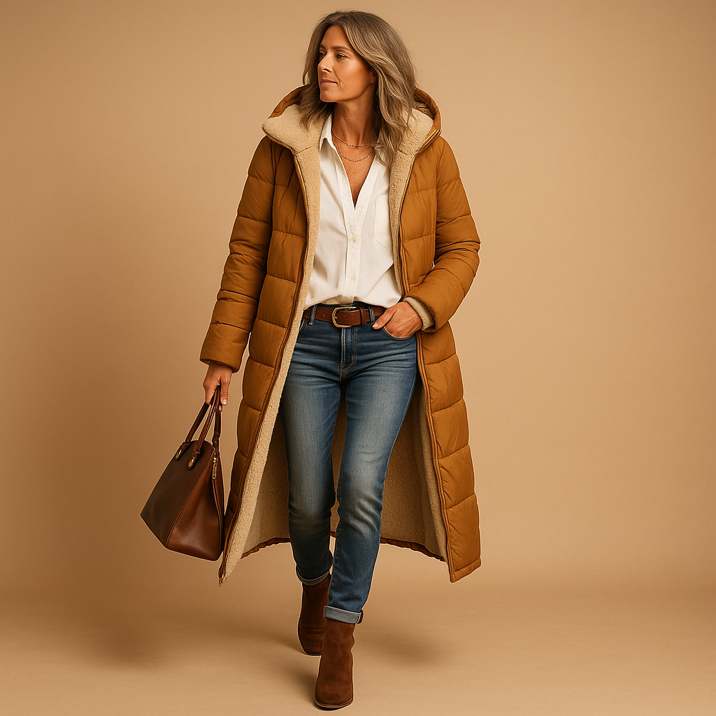Women’s long winter coat with full-length design and high-quality insulation, available in black, beige, and navy blue for elegant cold-weather wear.