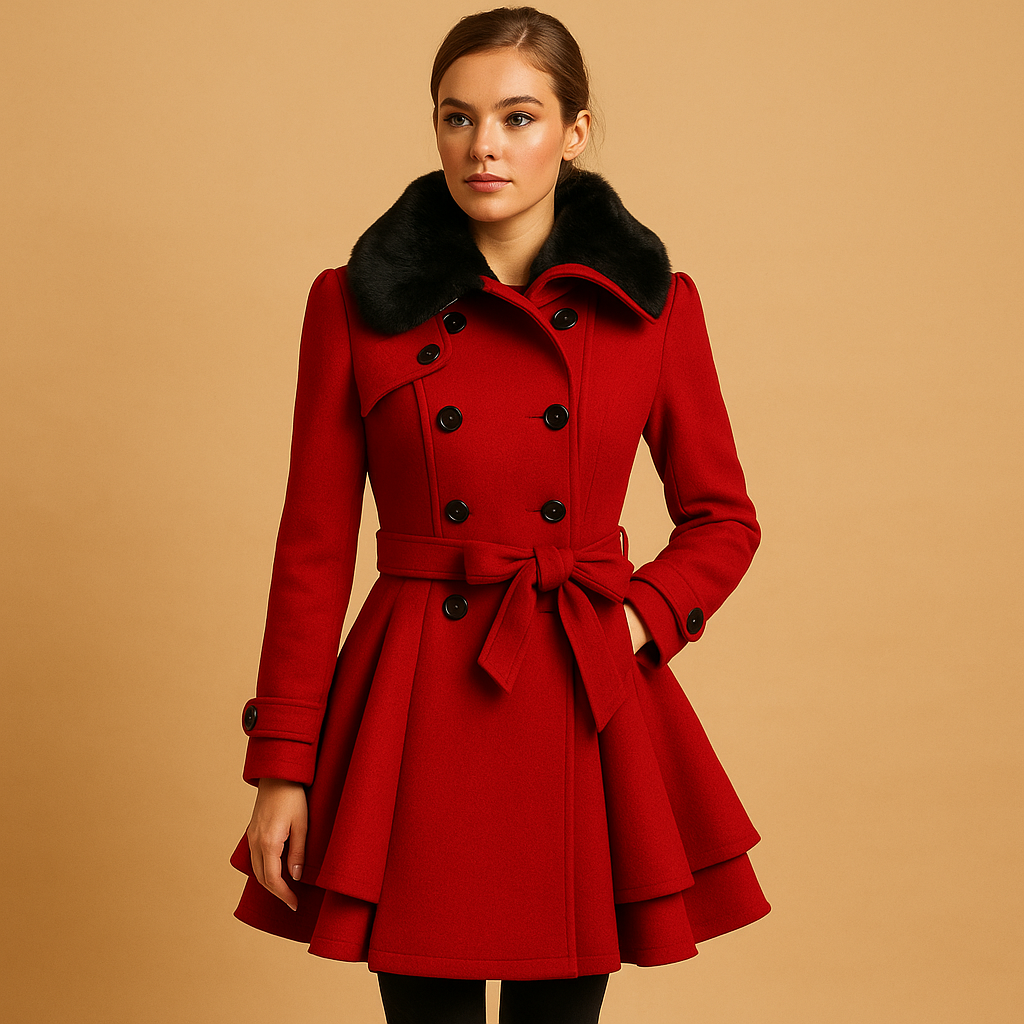 Long winter coat for women with faux fur collar, soft fabric, and elegant fit—ideal for city walks, events, or daily winter wear.