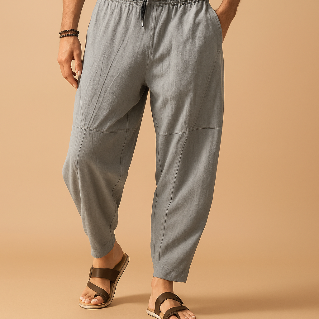 Men’s loose cotton pants in breathable fabric, ideal for warm days, casual outings, and year-round comfort.