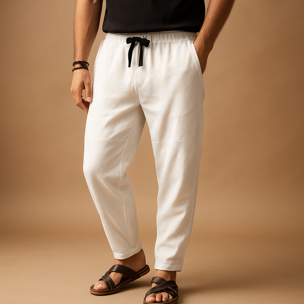 Men’s loose cotton pants in breathable fabric, ideal for warm days, casual outings, and year-round comfort.