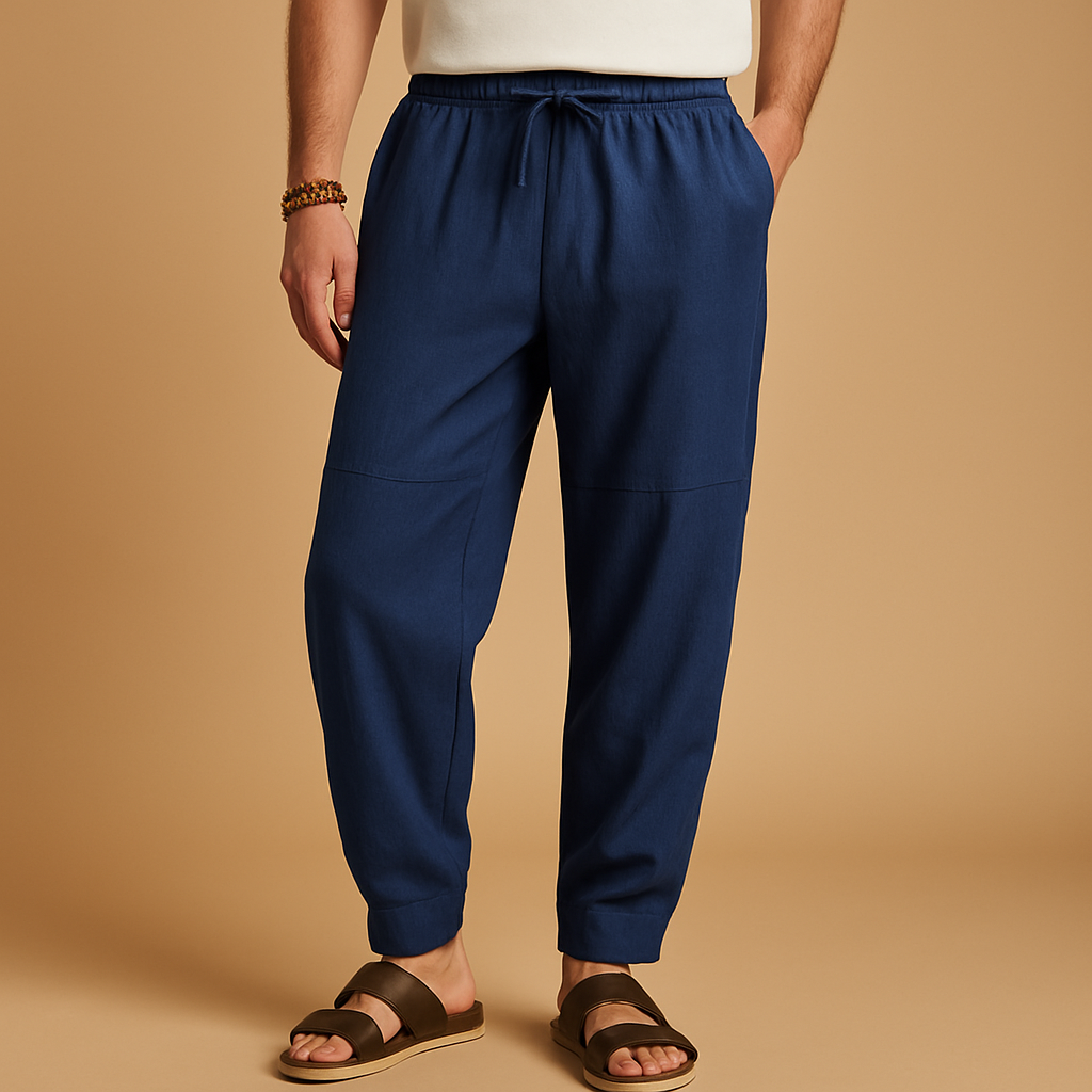 Men’s loose cotton pants in breathable fabric, ideal for warm days, casual outings, and year-round comfort.