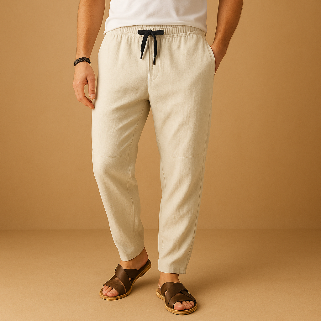Men’s loose cotton pants in breathable fabric, ideal for warm days, casual outings, and year-round comfort.