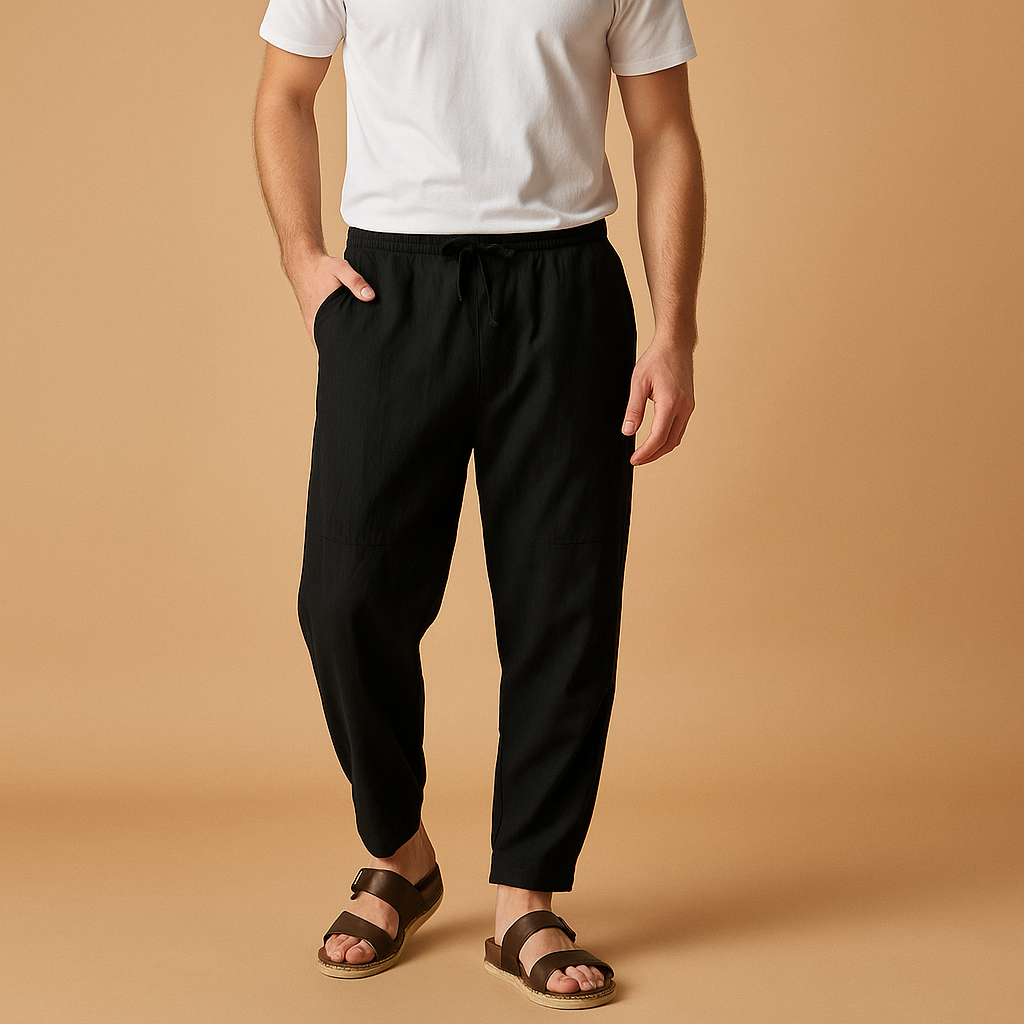 Men’s loose cotton pants in breathable fabric, ideal for warm days, casual outings, and year-round comfort.