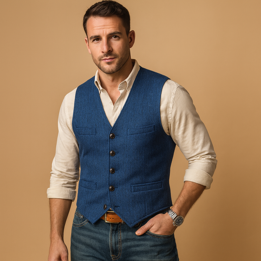 Men’s vest with adjustable button closure and sleek pockets, ideal for formal and casual outfits in autumn and winter.