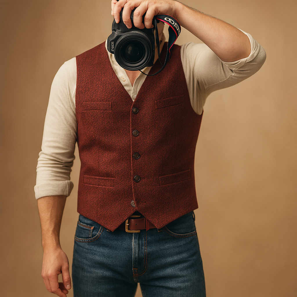Men’s vest with adjustable button closure and sleek pockets, ideal for formal and casual outfits in autumn and winter.
