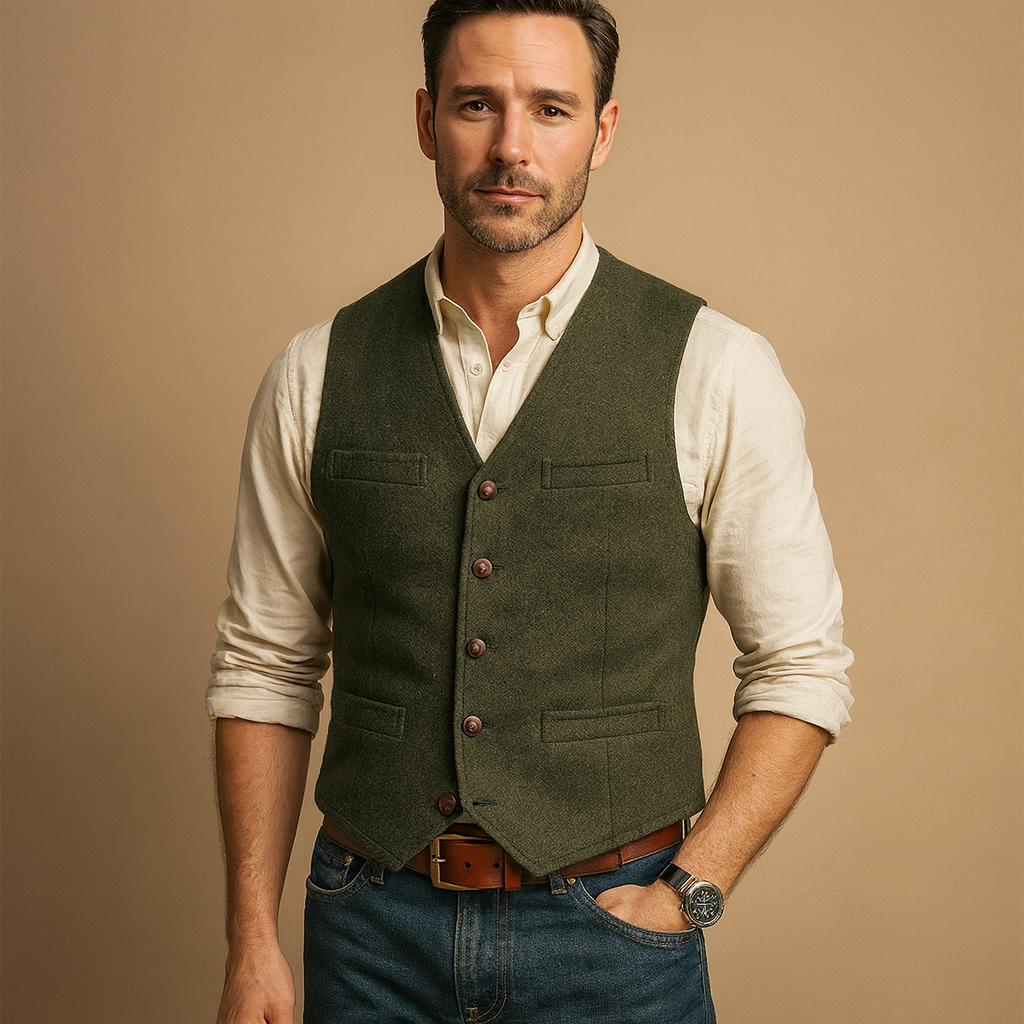 Men’s vest with adjustable button closure and sleek pockets, ideal for formal and casual outfits in autumn and winter.