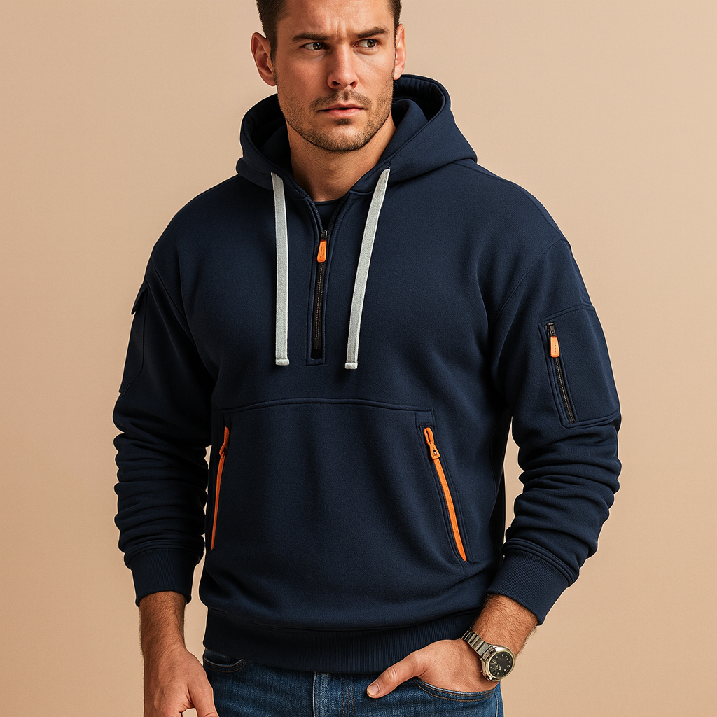 Men’s modern hooded sweatshirt in khaki, black, gray, and navy blue, soft, comfortable, and perfect for casual or sporty wear in autumn and winter.