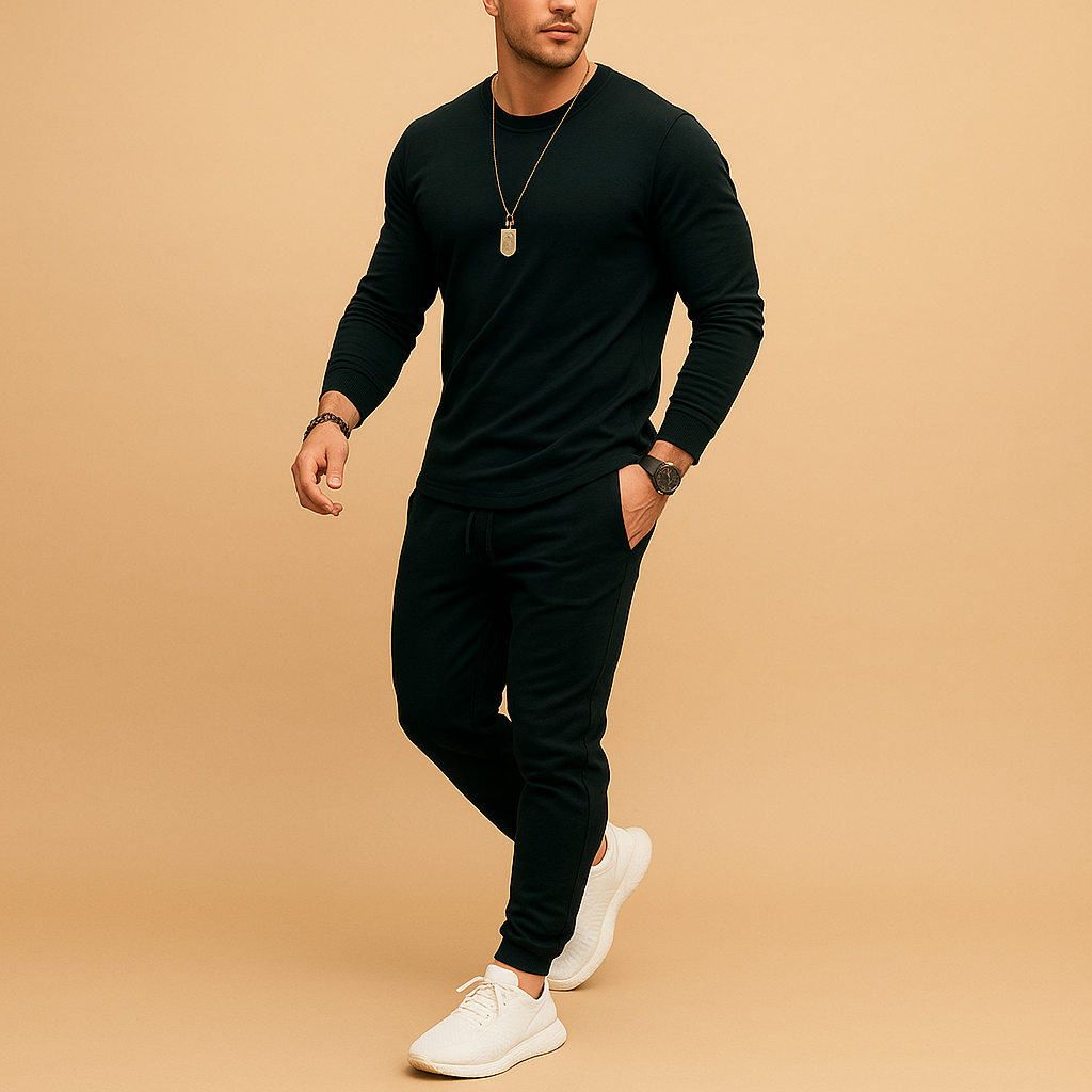 Men’s modern slim-fit tracksuit with ribbed finish and adjustable waistband, perfect for casual wear and relaxed days.
