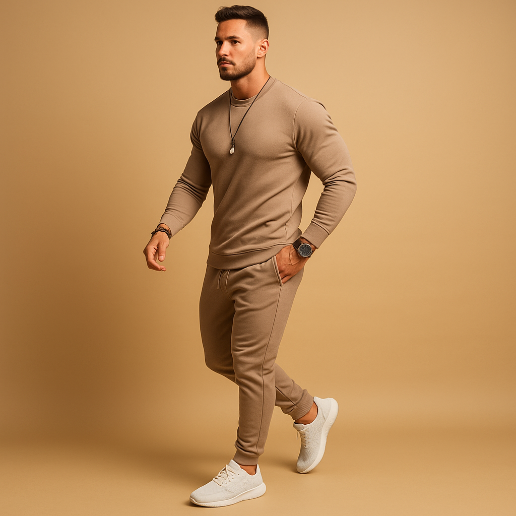 Men’s modern slim-fit tracksuit with ribbed finish and adjustable waistband, perfect for casual wear and relaxed days.