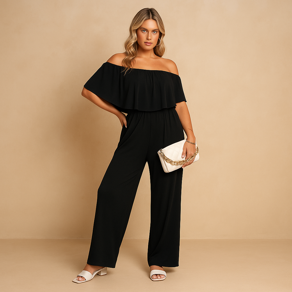 Elegant women’s off-shoulder summer jumpsuit with loose fit and breathable fabric, perfect for warm days, beach outings, and summer parties.